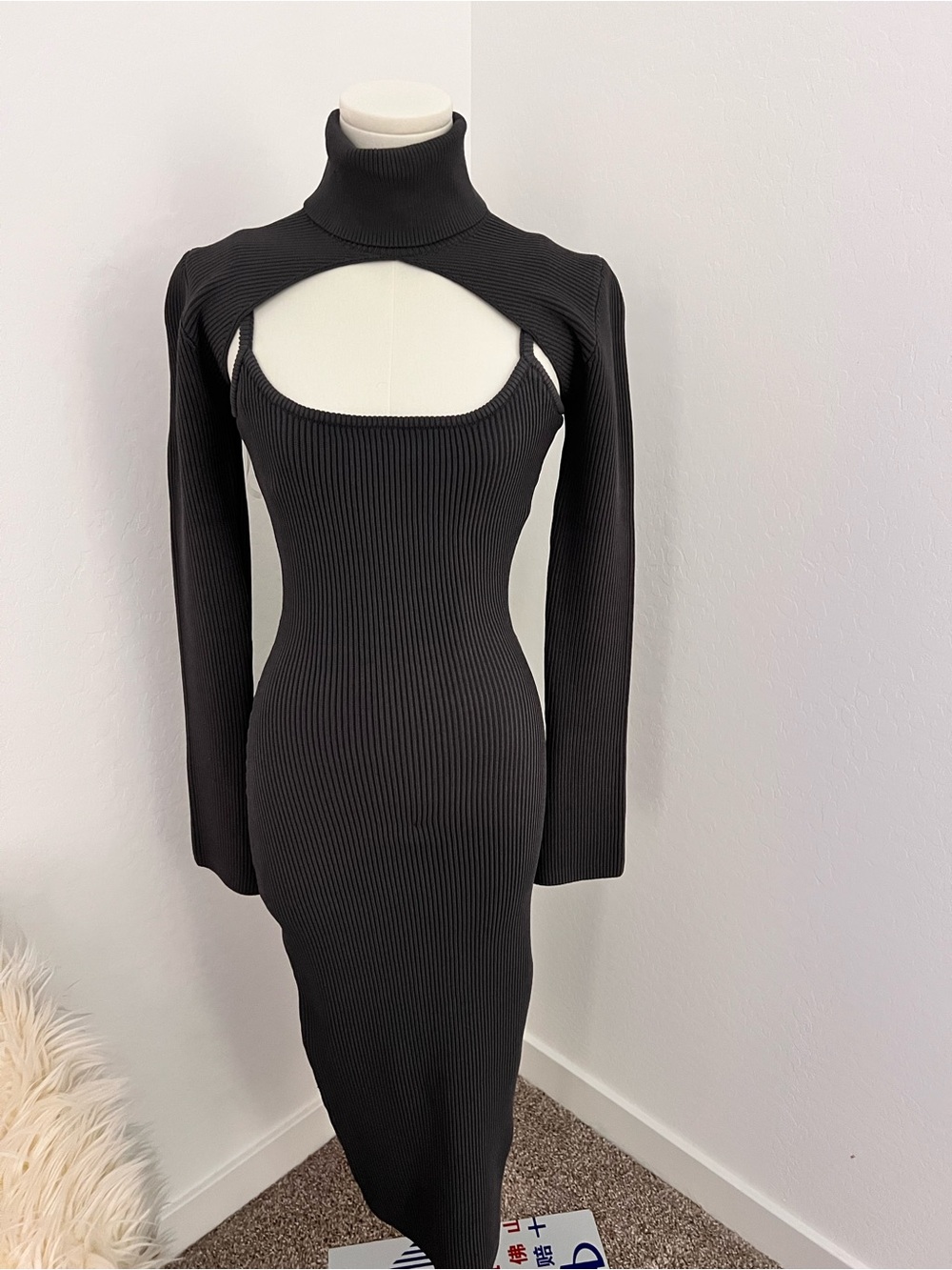House of CB Black Ribbed Cutout Midi Dress